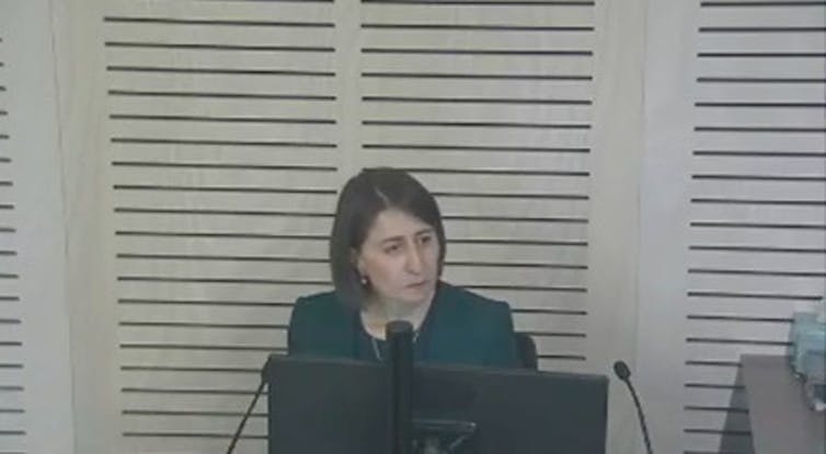 Screengrab of Gladys Berejiklian at the ICAC hearing on Tuesday.