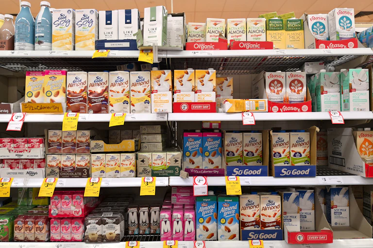 Varieties of longlife milk on a shelf