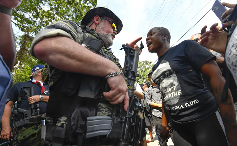 Counter-demonstrators face off in the town of Stone Mountain, Georgia, on August 15 2020.