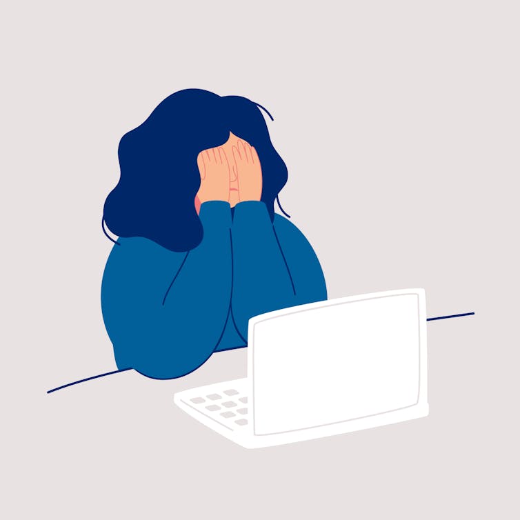 Illustration of distressed woman at computer.