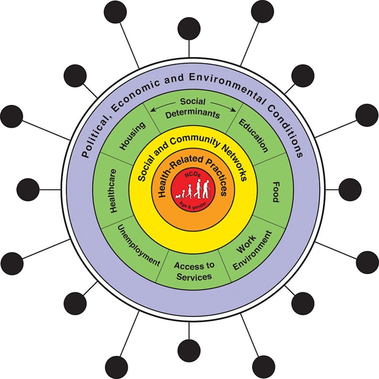 Graphic showing interactions of COVID-19 with social determinants of health and non-communicable diseases