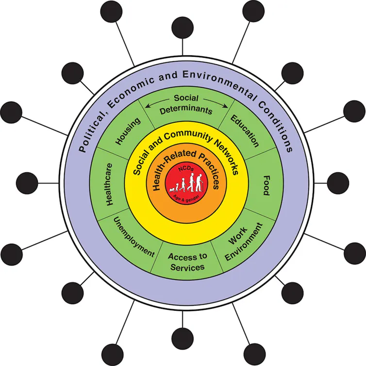 Graphic showing interactions of COVID-19 with social determinants of health and non-communicable diseases