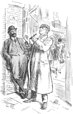 Sketch of two men in 1917, one smoking a cigar.