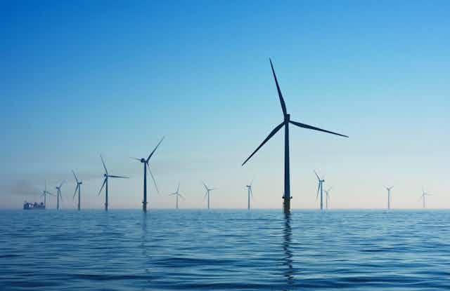 Wind turbines at sea.