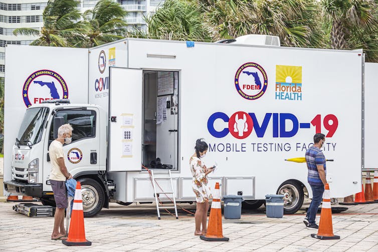 people in line outside a COVID-19 testing site