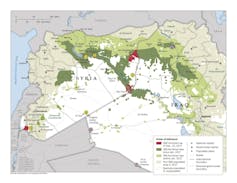 A map of Islamic State territory in Iraq and Syria.