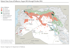 A map of Iraq and Syria showing Islamic State territory.