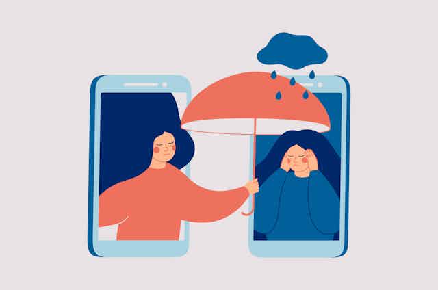 Drawing of one woman sheltering another from the rain, as framed by two cell phones.