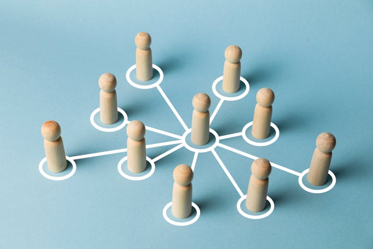 Group of wooden pegs linked to central peg.