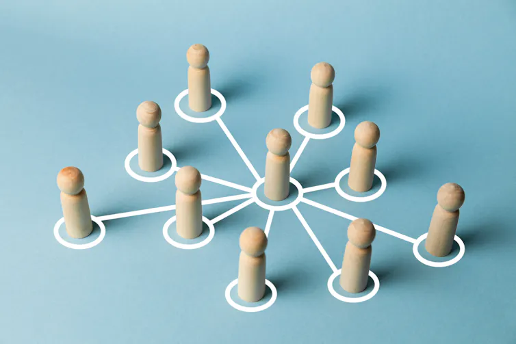 Group of wooden pegs linked to central peg.