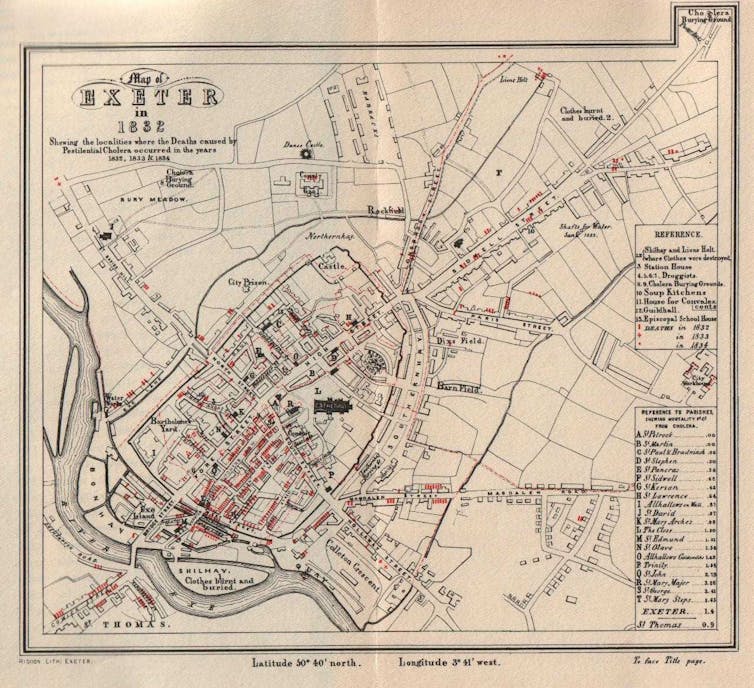 A map with red markings showing localities which experienced death from cholera.