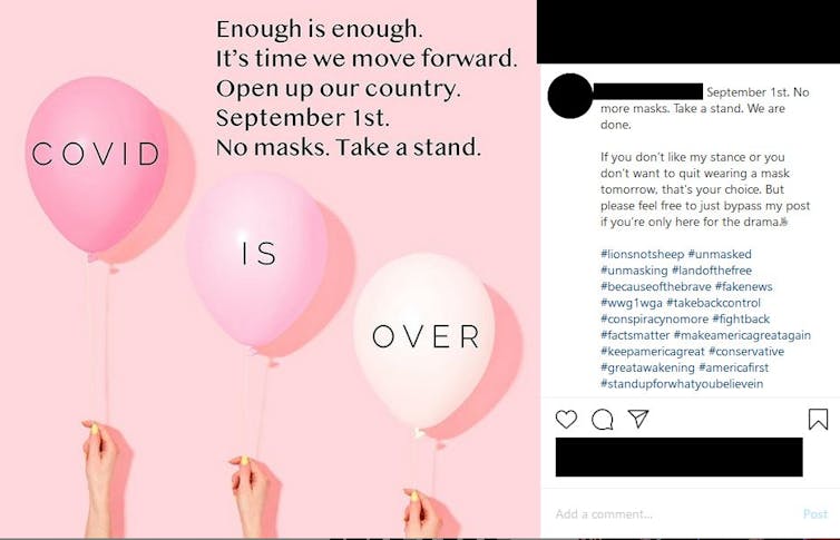 An image with a pink background shows three balloons with the false message that COVID IS OVER