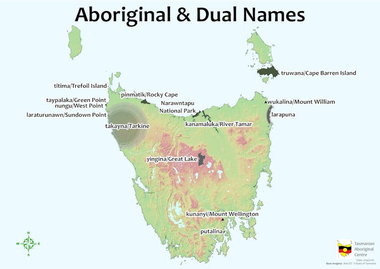 Map of Lutruwita/Tasmania showing Indigenous and English names