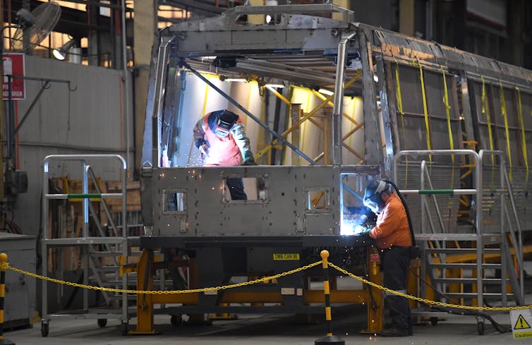 A train being built at the Downer Rail factory in Maryborough, Queensland