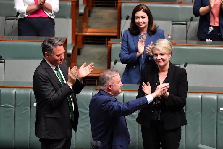 Anthony Albanese, centra, with Labor frontbenchers