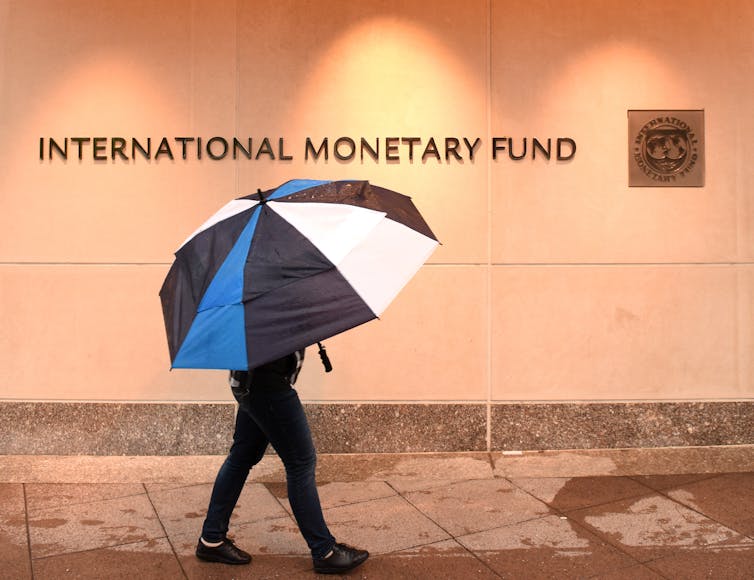Person with umbrella walks past IMF building