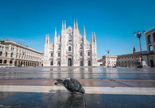 An empty Duomo Square in Milan, Italy.