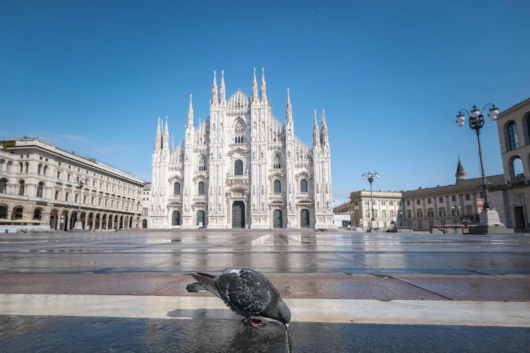 An empty Duomo Square in Milan, Italy.