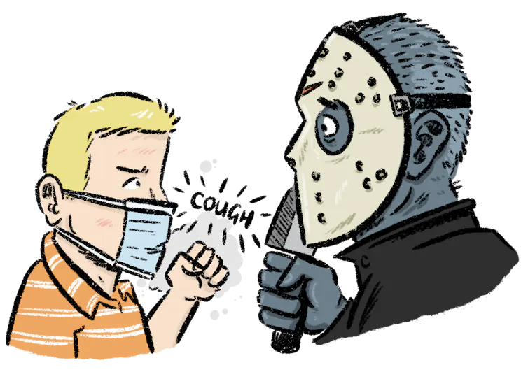 A young boy wearing a medical protection mask facing up against some dressed in a scary costume.