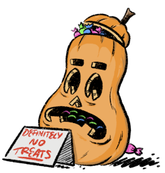 A cartoon pumpkin with a sad face and a sign saying 'no treats'.