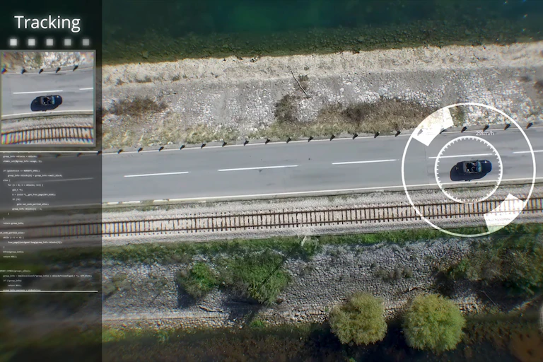 Spy UAV over Urban zone watches of the car from the satellite
