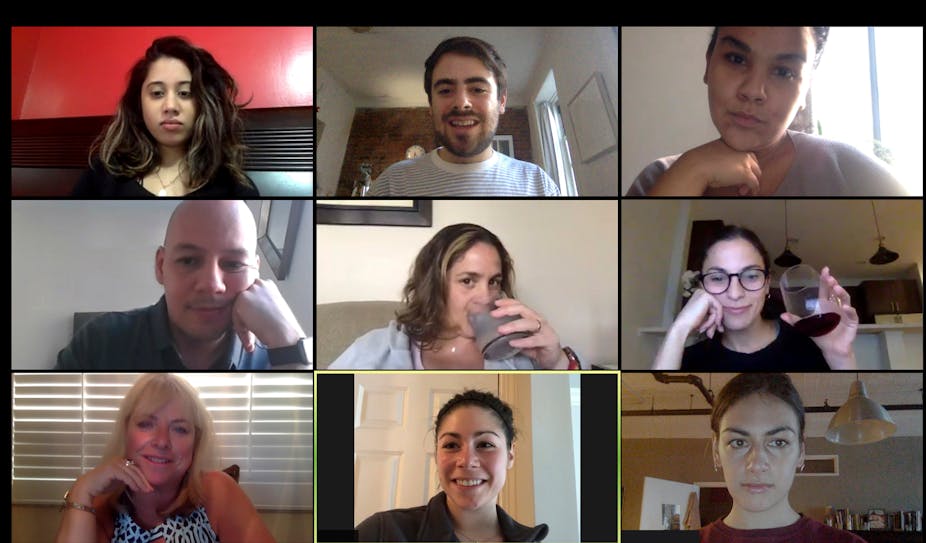 Nine people in a zoom meeting.