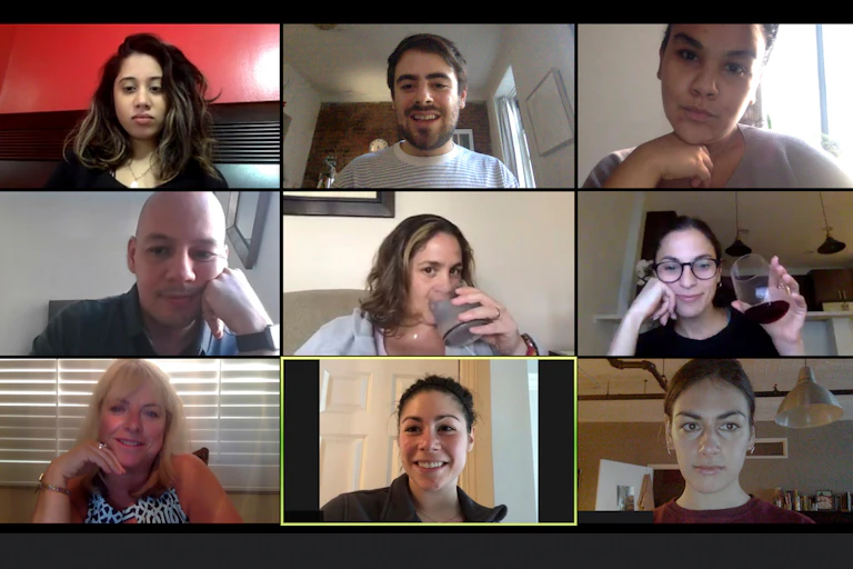 Nine people in a zoom meeting.