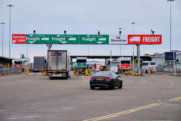 Traffic lining up at Holyhead terminal in Wales.
