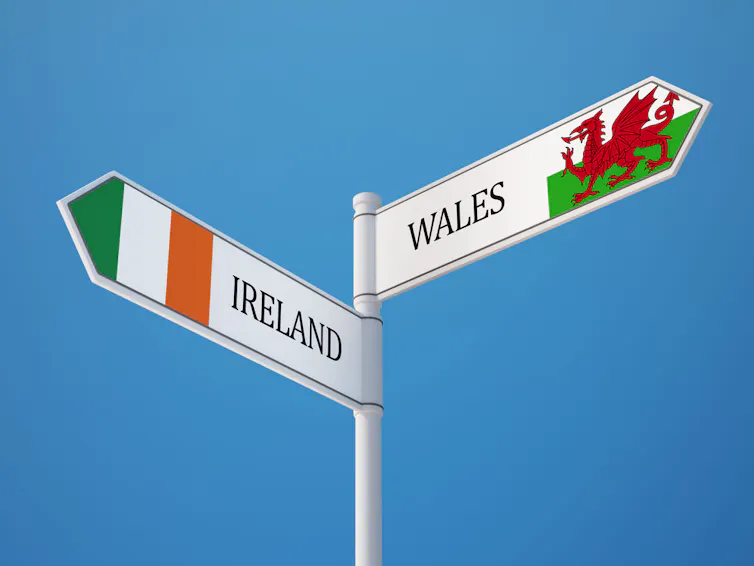 Signpost pointing to Ireland and Wales