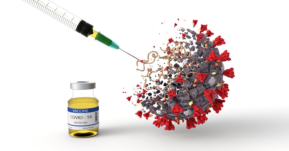 Illustration of a syringe destroying a COVID-19 molecule.