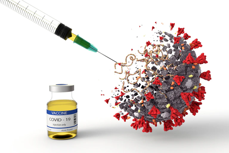 Illustration of a syringe destroying a COVID-19 molecule.