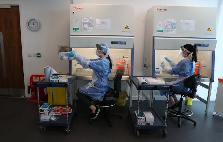 Two women wearing PPE analyse samples in a lab.