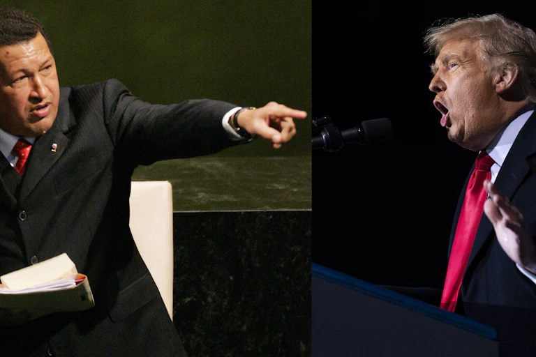 Hugo Chavez points; Trump speaks while raising his right hand at a rally in this composite image of both men.