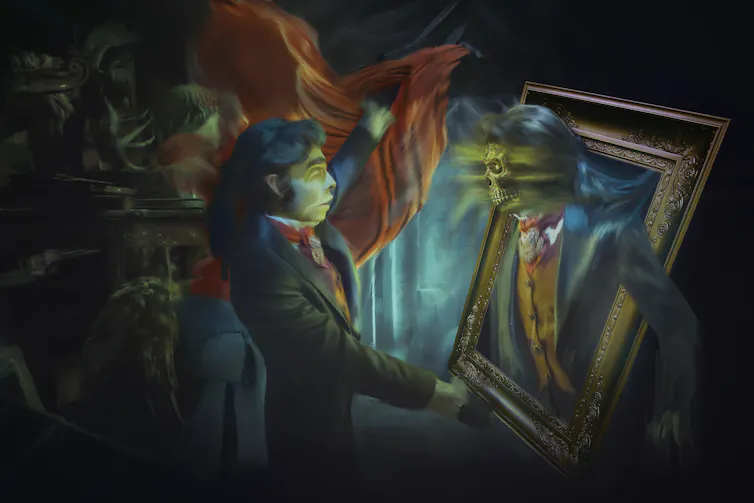 An illustration of a young man holding a framed portrait — the person in the portrait is a twisted version of the man and appears to be emerging from the frame