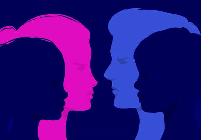 Silhouettes of a woman's face and a man's face with silhouettes of a girl and boy child superimposed
