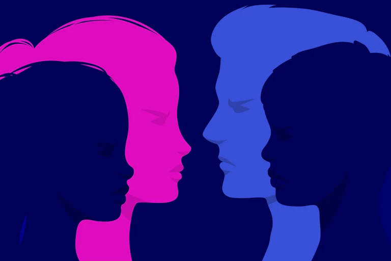 Silhouettes of a woman's face and a man's face with silhouettes of a girl and boy child superimposed