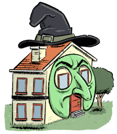 A cartoon house with witch's hat and Halloween face.