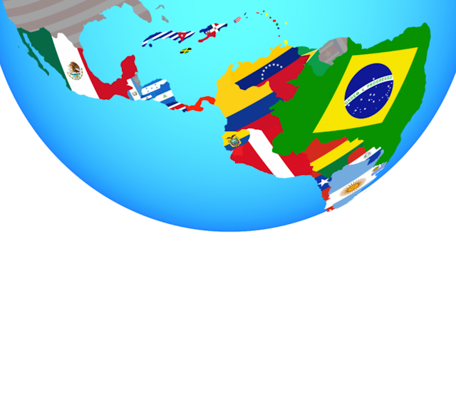 Globo terráqueo con vista de América Latina. Cada país dibujado con su bandera.