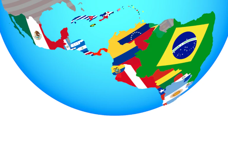 Globo terráqueo con vista de América Latina. Cada país dibujado con su bandera.