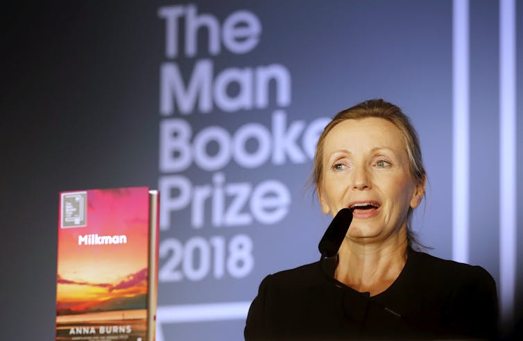 Anna Burns on stage after she was awarded the Booker prize for Fiction.