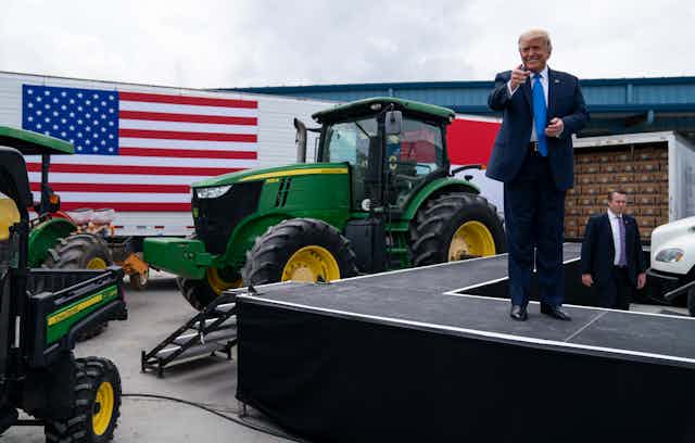 President Donald Trump delivers remarks on the "Farmers to Families Food Box Program" at Flavor First Growers and Packers on Aug. 24, 2020, in Mills River, N.C.