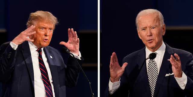 Trump and Biden are seen mid-gesture in a composite photo of the first debate.