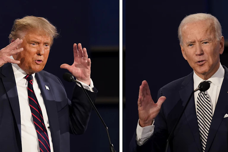 Trump and Biden are seen mid-gesture in a composite photo of the first debate.