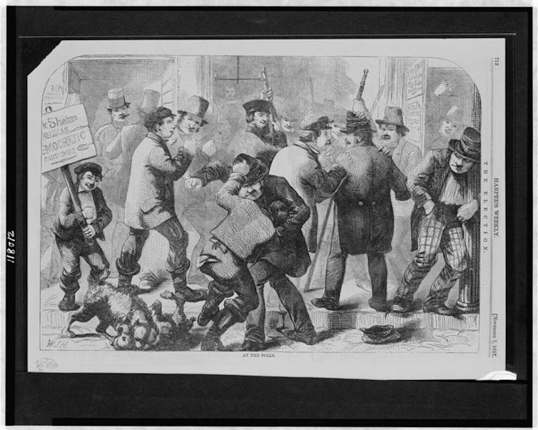 Men fighting at the polls in 1857