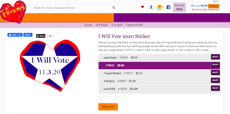 A screenshot of a Penzey's spice company order page for a sticker that says 'I will vote 11.3.20'