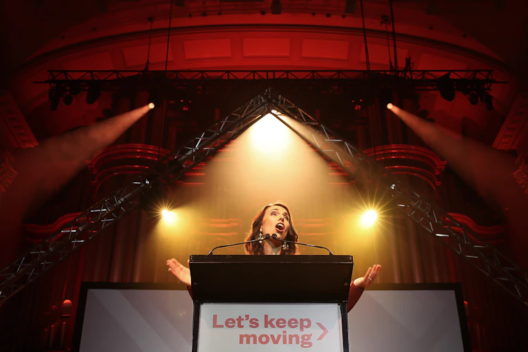 Jacinda Ardern speaking to Labour supporters in Auckland on election night.