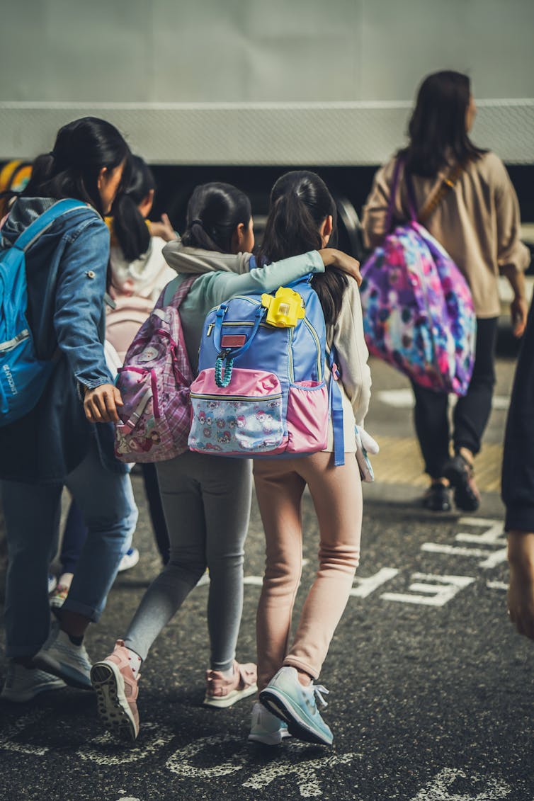 Girls in backpacks walking