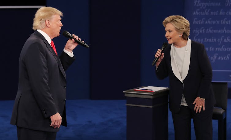 Donald Trump and Hillary Clinton during the second presidential debate in October 2016.