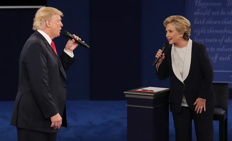 Donald Trump and Hillary Clinton during the second presidential debate in October 2016.