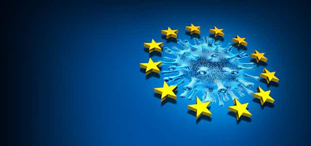 Ilustración de las estrella de la Unión Europea rodeando un coronavirus.